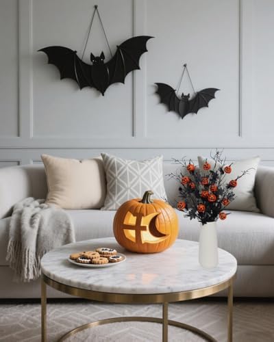 5PCS Halloween Decorations, Black Artificial Flowers, 21 Inch Artificial Pumpkin Maple Leaf Floral Stems Halloween Branches Decoration for Indoor Home Farmhouse Party Vase Arrangement Décor