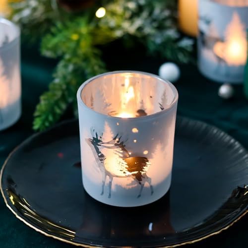 SHMILMH Christmas Votive Candle Holders Set of 4, Silver Glass Tealight Candle Holders for Xmas Table Centerpiece Decorations, Christmas Candle Jar for Making Candles Gift