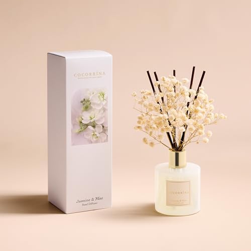 COCORRÍNA Reed Diffuser - Jasmine & Mint 6.7 Fl.oz Reed Diffuser Set with Sticks & Preserved Baby's Breath, Reed
