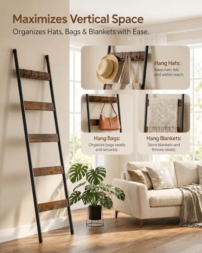 HOOBRO Blanket Ladder, 5-Tier Towel Rack with Hooks, Wall-Leaning Blanket Rack, Decorative Display Ladder Shelf, for