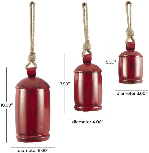 Deco 79 Metal Cow Bells, Meditation Bell, Set of 3, 10", 7", 5"H, Red | Indoor metal art Tibetan inspired decorative