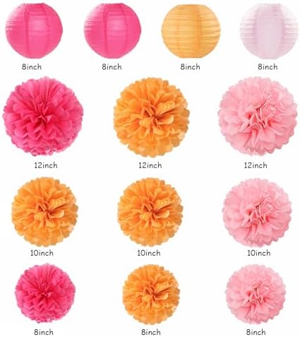 Pink-Orange Fall Party-Decorations Paper-Flowers Lanterns - 20PCS Autumn Wedding Birthday Tissue Pom Poms Streamers Fans Honeycomb, Groovy Boho Baby Shower Rustic Hanging Supplies Decor Burgleda