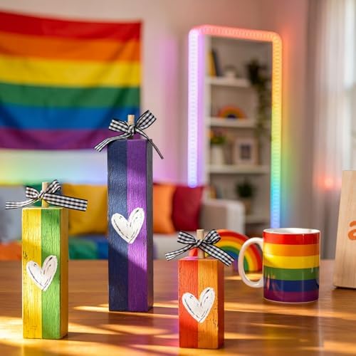 Smile LGBTQ+ Pride Wooden Tabletop Sign Rainbow Desktop Plaque with Heart Accents Indoor Decor for Pride Month, Home & Office Gay Pride Gift