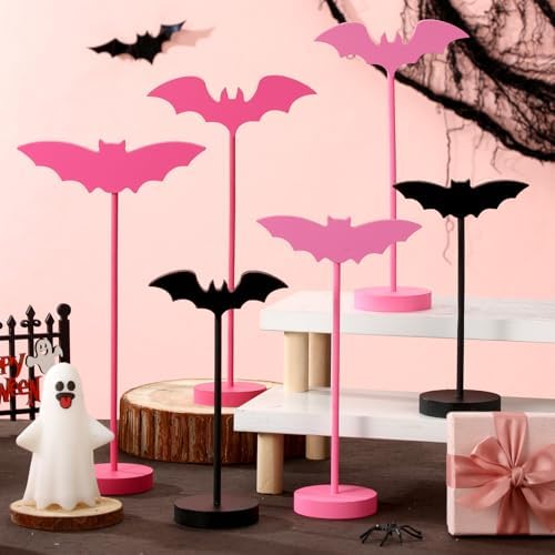Geetery 6 Pieces Halloween Table Decorations Wood Bat Decor, Pink