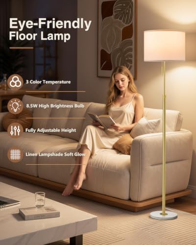 Ambimall Height Adjustable Modern Gold Floor Lamp, Gold & White