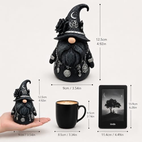 Gothic Witch Gnome Figurine Decor, Resin Witch Statue with Black Rose, Moon & Crystal Accents, Witch Decor for Shelf, Desk & Bookshelf, Dark Academia Home Decor