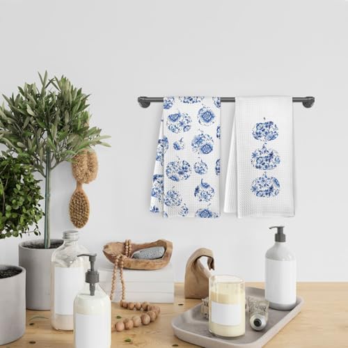 Blue and White Pumpkin Fall Decor Kitchen Towels and Dishcloths Set of 2, Blue and White Fall Decorations, Autumn Farmhouse Pumpkins Decorative Hand Tea Towels for Dorm Bathroom Home, 16×24