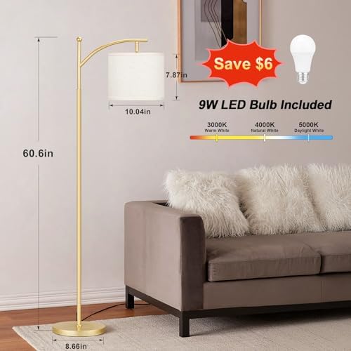 Ambimall 60" Floor Lamp with 3 Color Temperatures, Adjustable Beige Shade, Gold Pole - Tall Lamp for Living Room