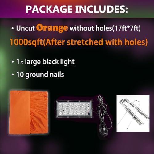 Glow in the dark Purple 1000 Sqft Uncut Giant Spider Web Halloween Decorations Outdoor with 1 Black Light &10 Ground Nails Stretchy Beef Cloth Netting DIY Flexible Elastic for Yard Party Decor