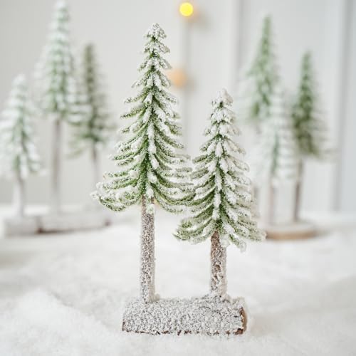 Mini Christmas Trees, Snow Frost Trees with Wood Base Bottle Brush Trees Plastic Winter Snow Ornaments Tabletop Artificial Trees for Christmas Party Home Decoration (B)