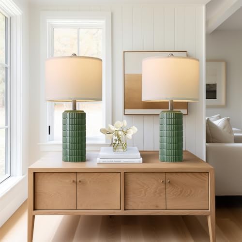 PoKat 23" Dark Green Ceramic Table Lamps Set of 2, Modern Table Lamps for Living Room, Farmhouse Lamps for Bedroom