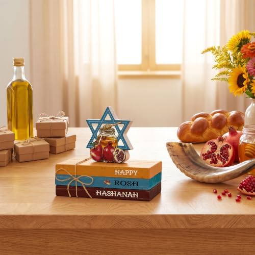 Smile Rosh Hashanah Wooden Faux Book Stack Decor for Jewish New Year