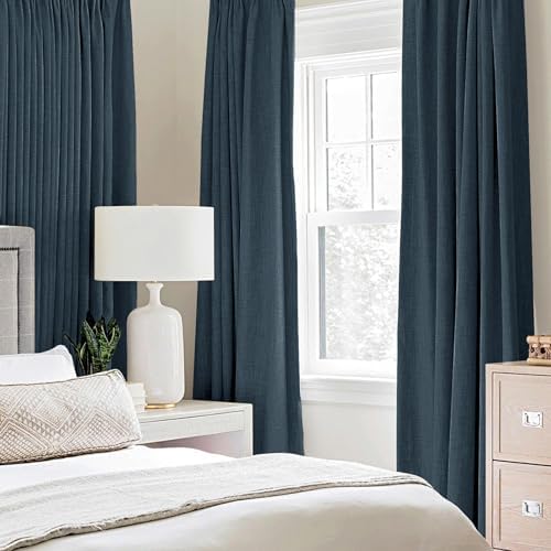 MIULEE 100% Blackout Linen Curtains for Bedroom 52x63 Inches Navy