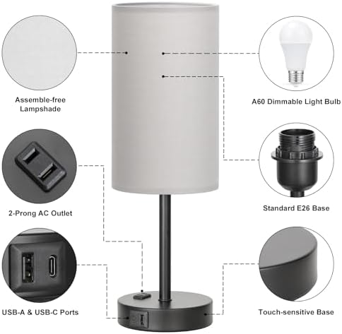 Fenmzee 17.4" Grey Lamp for Bedroom - Dimmable Touch, USB A+C, AC Outlet