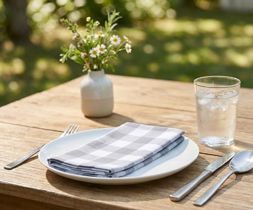 PurpleEssences Plaid Napkins 18x18 Buffalo Plaid - Gray & White