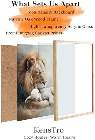 KensTro 12x16 Oak Framed Lion and Lamb Christian Wall Art