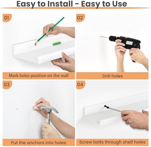 upsimples Floating Shelves for Wall Decor and Storage, White, 6Pcs 47.3''