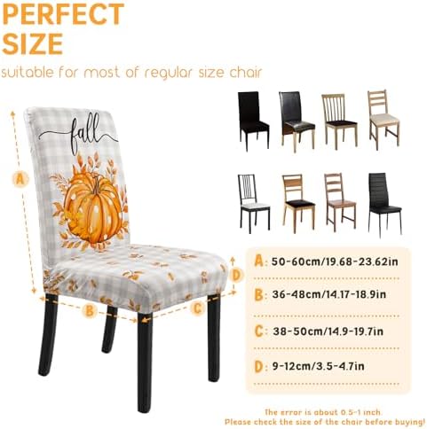 Fall Chair Covers Set of 4 Neutral Gingham Pumpkin Parsons Chair Slipcovers