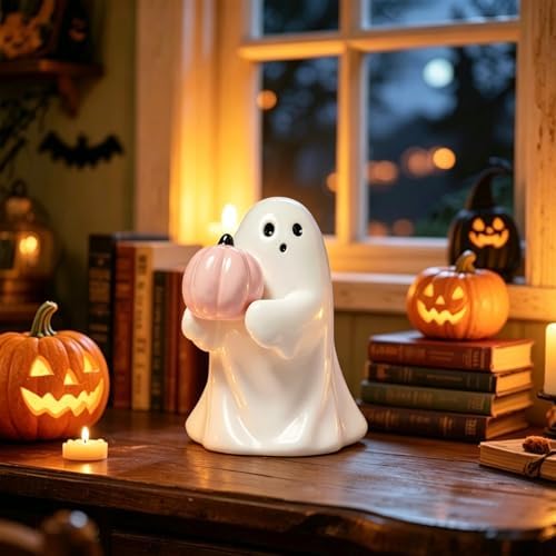 Halloween Ghost Figurine with Holding Pink Pumpkin Ghost Statue