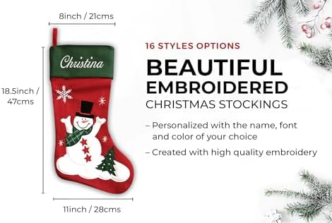 Personalized Christmas Stocking - Snowman Design - Embroidered Name - Large 18.5inch, Traditional Red and Green, Family Holiday Season Decor