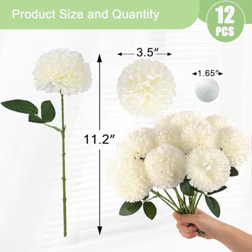 Hananona 12 Pcs Artificial Chrysanthemums Flowers Ball Flower, Fake Mums Flowers White Silk Flowers for Spring Home Decor Indoor Floral Arrangement Table Centerpiece (12, White)