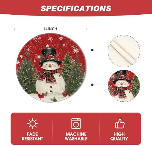 Artoid Mode Snowman Trees Snowflakes Christmas Round Placemats Set of 8, 14 Inch Winter Round Table Mats for Dining Decoration