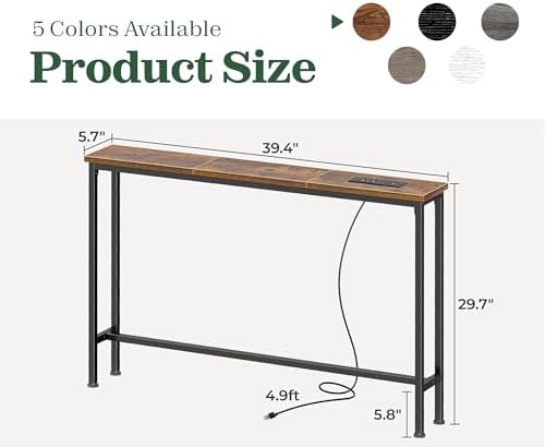 SUPERJARE 39.4 inch Narrow Behind Couch Table with Charging Stations