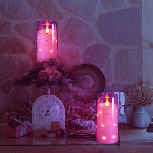 NURADA 3"x6"Flickering Flameless Candles: Built-in Star String Lights 3D Wick Battery Operated LED Pillar Candles with Remote and Timer for Table Wedding Centerpieces Party - 2 Pack Purple