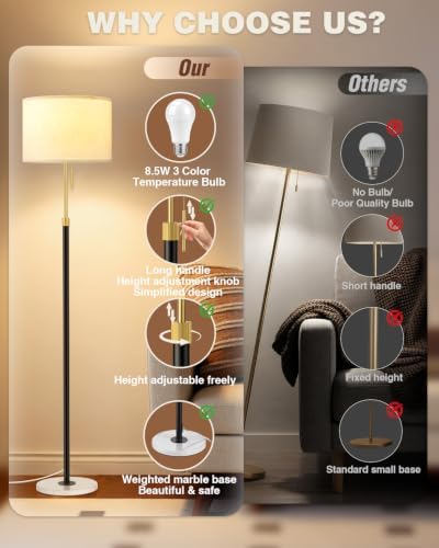 Ambimall Height Adjustable Modern Floor Lamp, Black & White