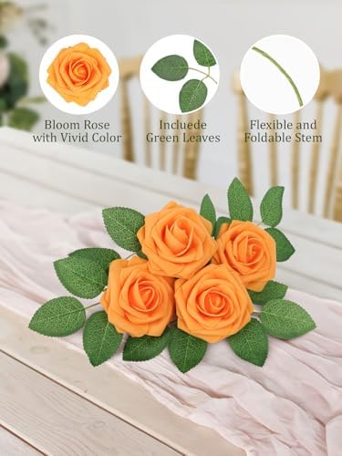30PCS Orange Artificial Flowers, Real Touch Fake Roses for Fall Decorations
