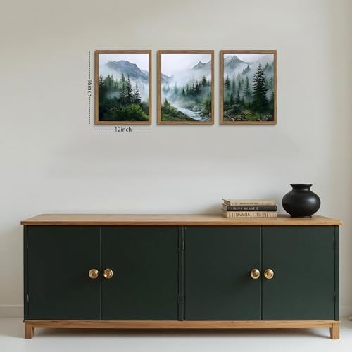 Framed Forest Wall Art Set of 3, Misty Mountain Landscape Canvas Wall Decor Paintings, Nature Tree River Scenery
