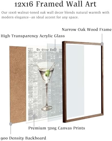 EcoHest 12x16 in Martini Newspaper Framed Wall Art for Bar Cart