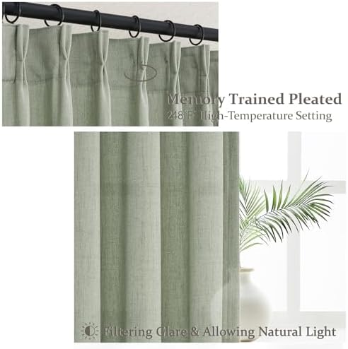 Sage Green Pinch Pleated Linen Light Filtering 105 Inch Extra Long Curtains
