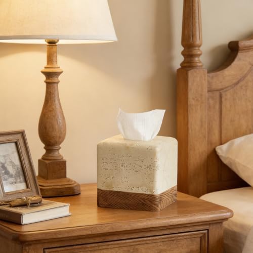 Travertine Match Wooden Square Tissue Box Cover Decorative / Travertine&wooden / Boho / Natural