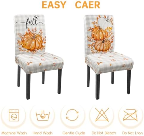 Fall Chair Covers Set of 4 Neutral Gingham Pumpkin Parsons Chair Slipcovers