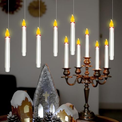 Floating Candles with Remote, 10 PCs Hanging Candles, Flickering Warm Light Flameless Floating LED Candle, Battery Operated Window Taper Candle Set for Halloween Home Party Decoration-White