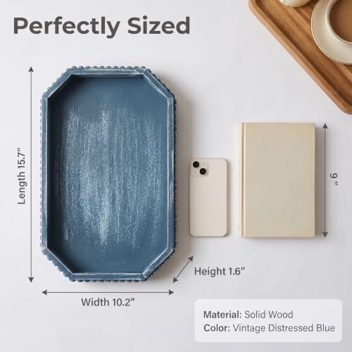 Hrastany Blue Wood Deocrative Tray, Coffee Table Tray for Centerpiece