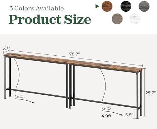 SUPERJARE 78.8 inch Narrow Behind Couch Table with 2 Charging Stations