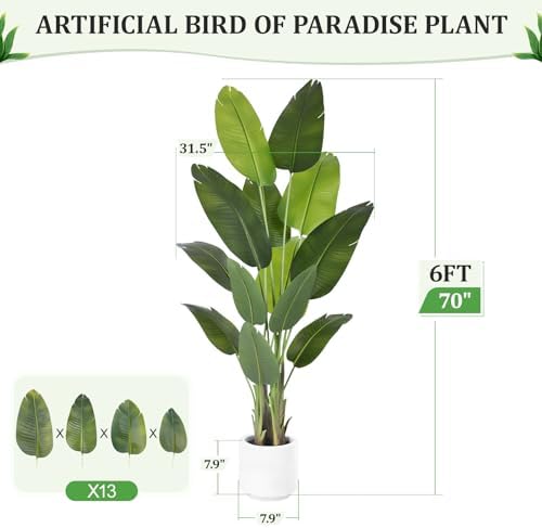 Artificial Bird of Paradise Plant 6Ft Tall Fake Tropical Palm Tree Large Fake Plants with 13 Silk Banana Leaves Faux