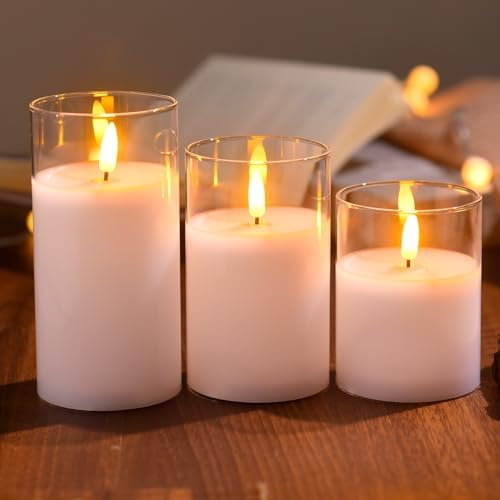 Tyawon Glass Battery Operated LED Flameless Candles with Remote and Timer, Real Wax Candles Warm Color Flickering Light