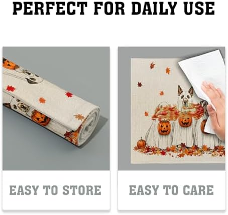 Halloween Placemats Set of 4 18x12 Inch Ghost Dog Pumpkin Fall Maple Leaves Linen Place Mats Heat-Resistant Washable Wipeable Autumn Holiday Table Mat for Party Kitchen Dining Room Dinner Table Decor