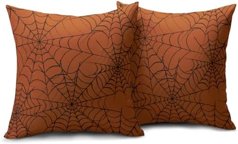 Halloween Spiderweb Pillow Covers 22x22 Set of 2 Burnt Orange Black Web Outdoor Decorative Throw Pillows Halloween Scary Themed Farmhouse Pillowcases Linen Cushion Case Decor for Home Sofa Couch Bed