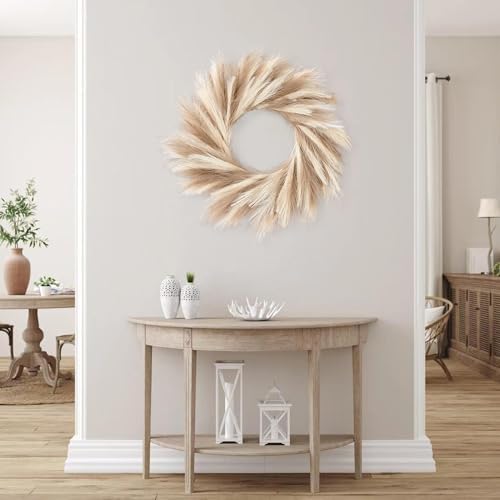 Sggvecsy Pampas Grass Wreath 26’’ Faux Pampas Wreath for All Seasons Artificial Pampas Wreath Christmas Decor Boho Wall Decor for Front Door Farmhouse Fall Autumn Xmas Spring Wreath Decoration (Mix)
