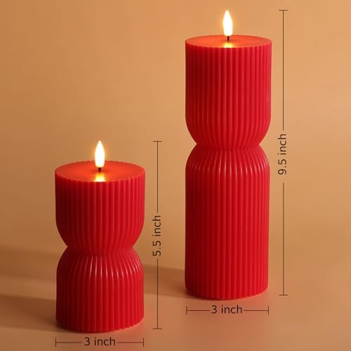 Red Ribbed Flameless Pillar Candles with Remote Set of 2
