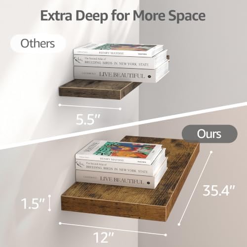 QEEIG 12" Deep Floating Shelves for Wall (Brown, Set of 3, 35.4" x 12")