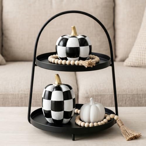 Black and White Checkered Pumpkins with Gold Stem for Halloween Decor