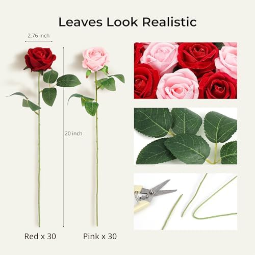 Auihiay 60PCS Artificial Roses, Pink and Red Roses, Velvet Silk Roses