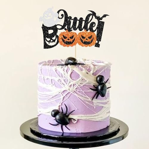 Gyufise 1Pc Little Boo Halloween Cake Topper Black Glitter Pumpkin Ghost