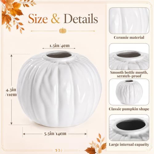 FoldTier White Pumpkin Fall Flower Vase 5.5" Ceramic Pumpkin Flower Pot