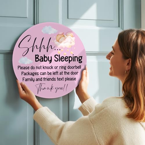 Baby Girl Sleeping Wood Hanging Sign for Front Door, Do Not Knock or Ring Doorbell House Welcome Sign